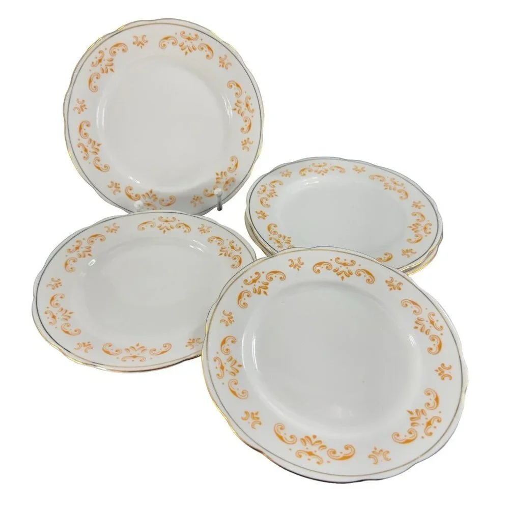 Cmielow Porcelain Ceramic Dish Plate Republic Of Poland Set 5‎ Orange White VTG